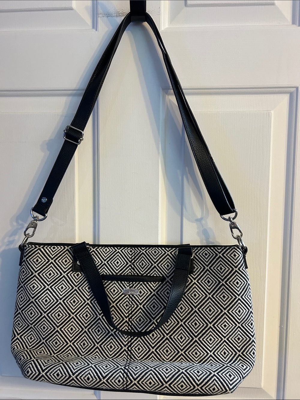 Black & White Diamond-Pattern Tote with Adjustable Shoulder Strap